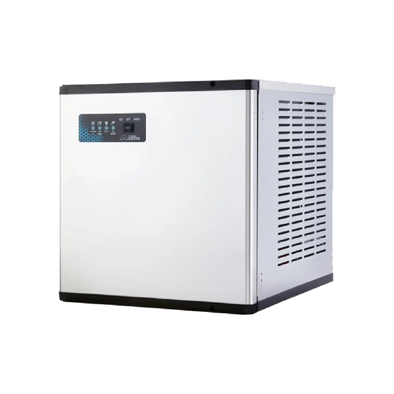 White ice machine with black accents on a white background