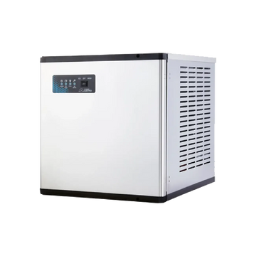 White ice maker with digital display on a white background