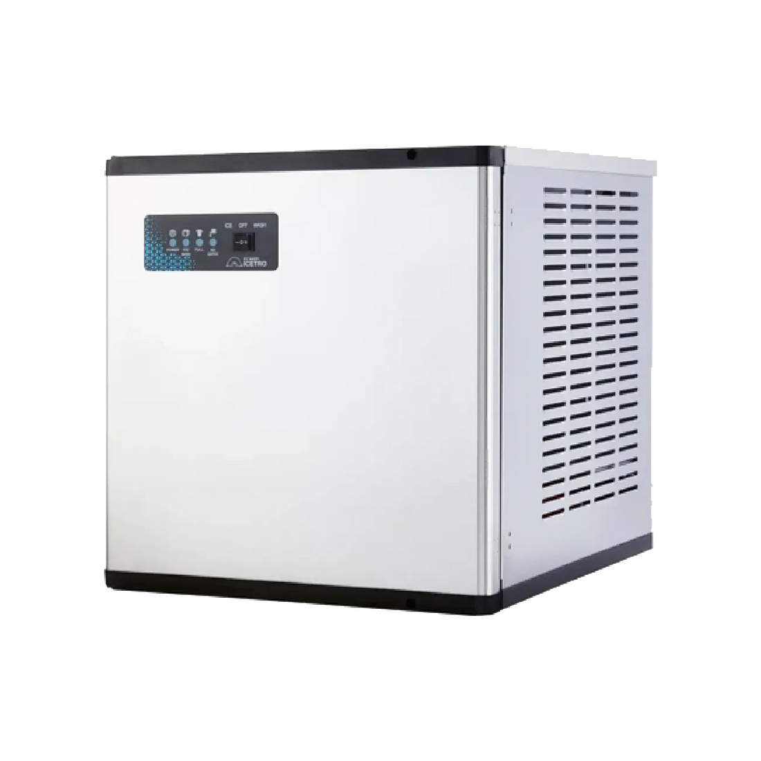 White ice machine with control panel on a white background