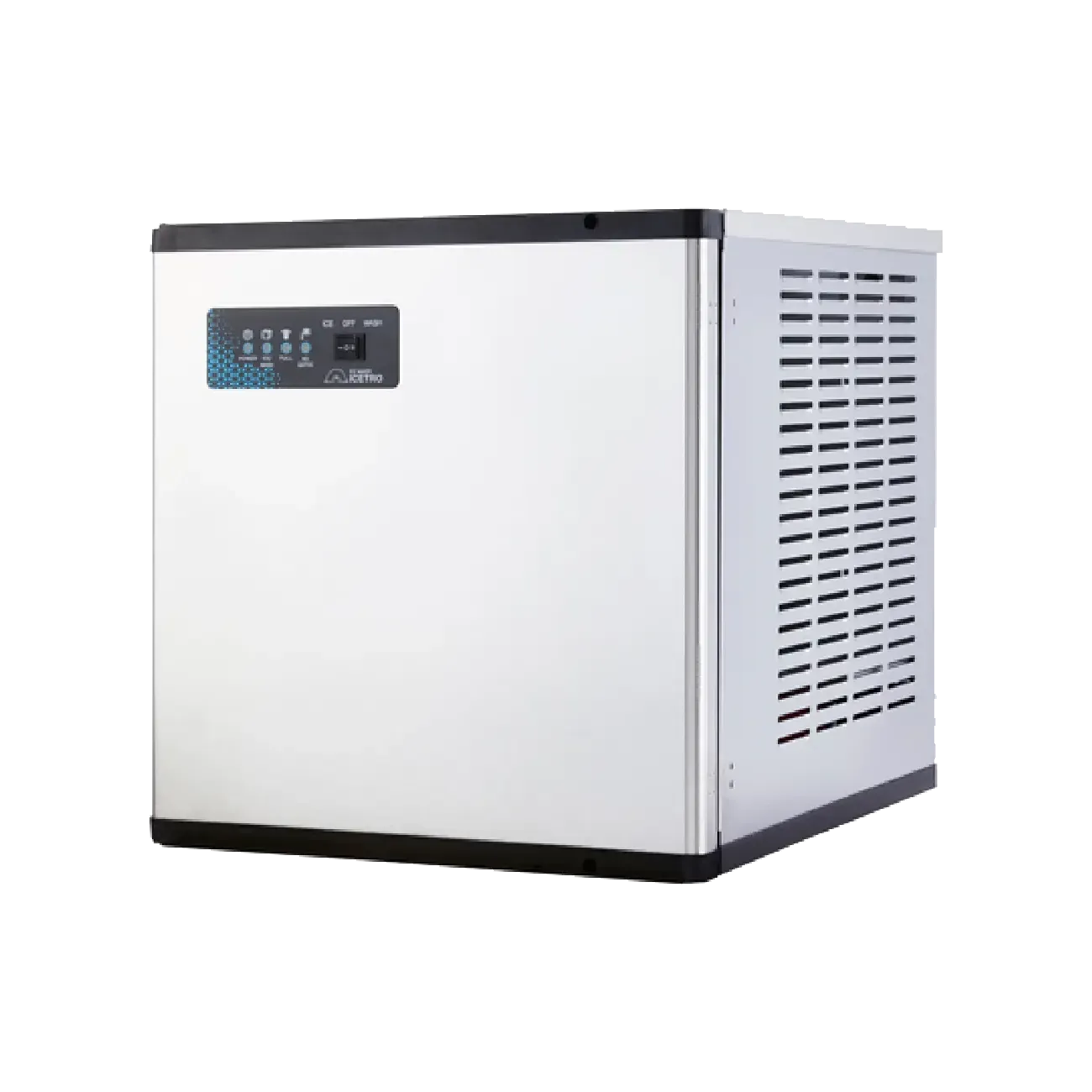 White ice machine with control panel on a white background