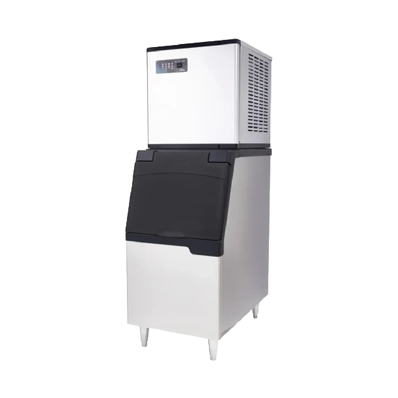 Ice machine with black top and white base on a white background