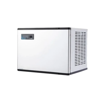 A compact white and black countertop appliance, likely a small refrigerator or ice maker, shown from a three-quarter angle on a plain white background.