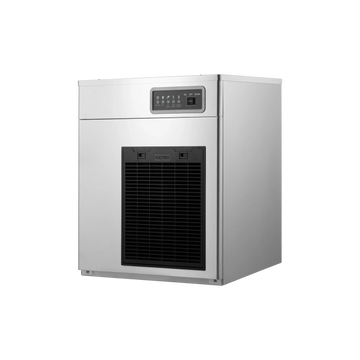 Stainless steel refrigerator with digital display on a white background