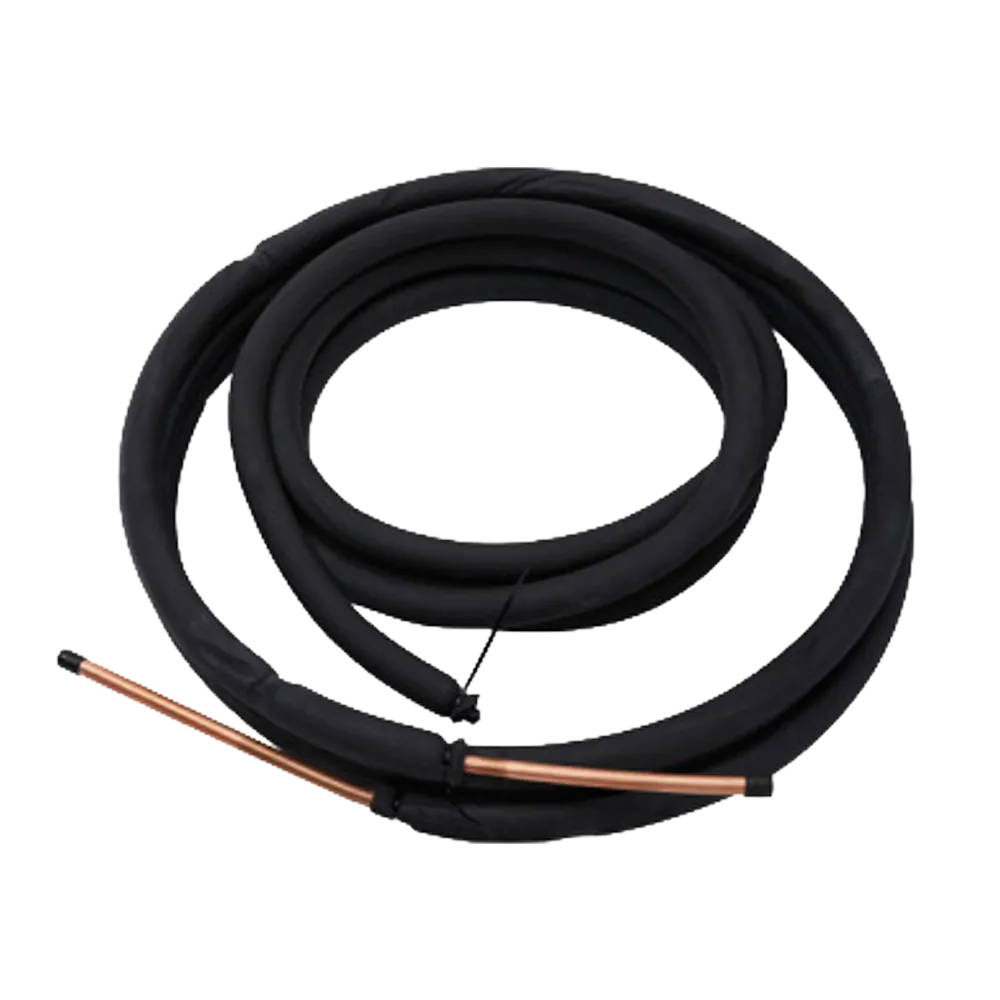 A coiled black insulated tube or hose with a copper-colored metal rod extending from one end, shown on a plain white background.