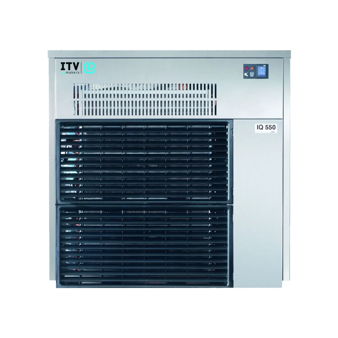 ITV iQ ID 550 industrial chiller unit with a silver metal casing, black front grilles, and a small digital display screen on the upper right.