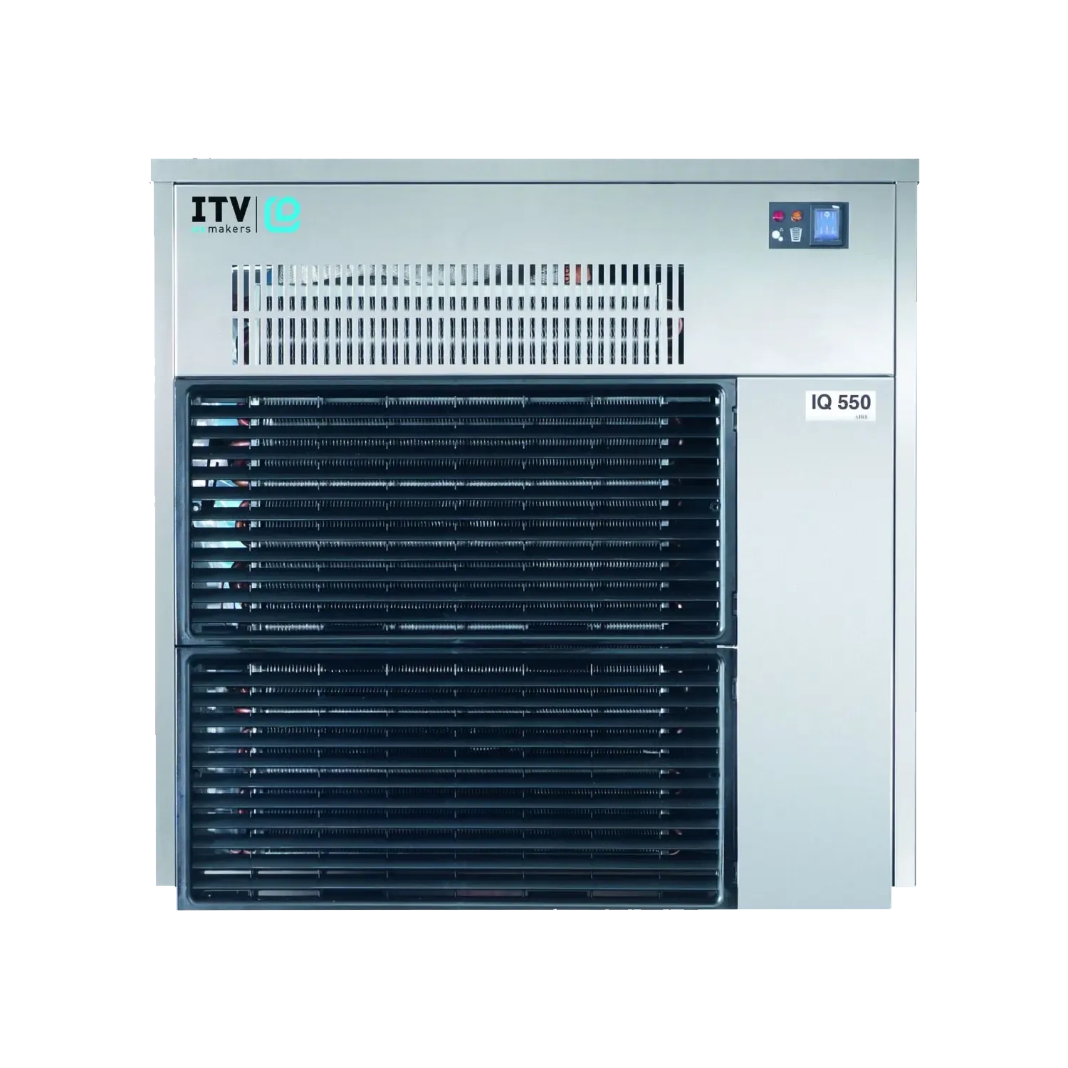 ITV iQ ID 550 industrial chiller unit with a silver metal casing, black front grilles, and a small digital display screen on the upper right.