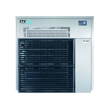 ITV iQ ID 550 industrial chiller unit with a silver metal casing, black front grilles, and a small digital display screen on the upper right.