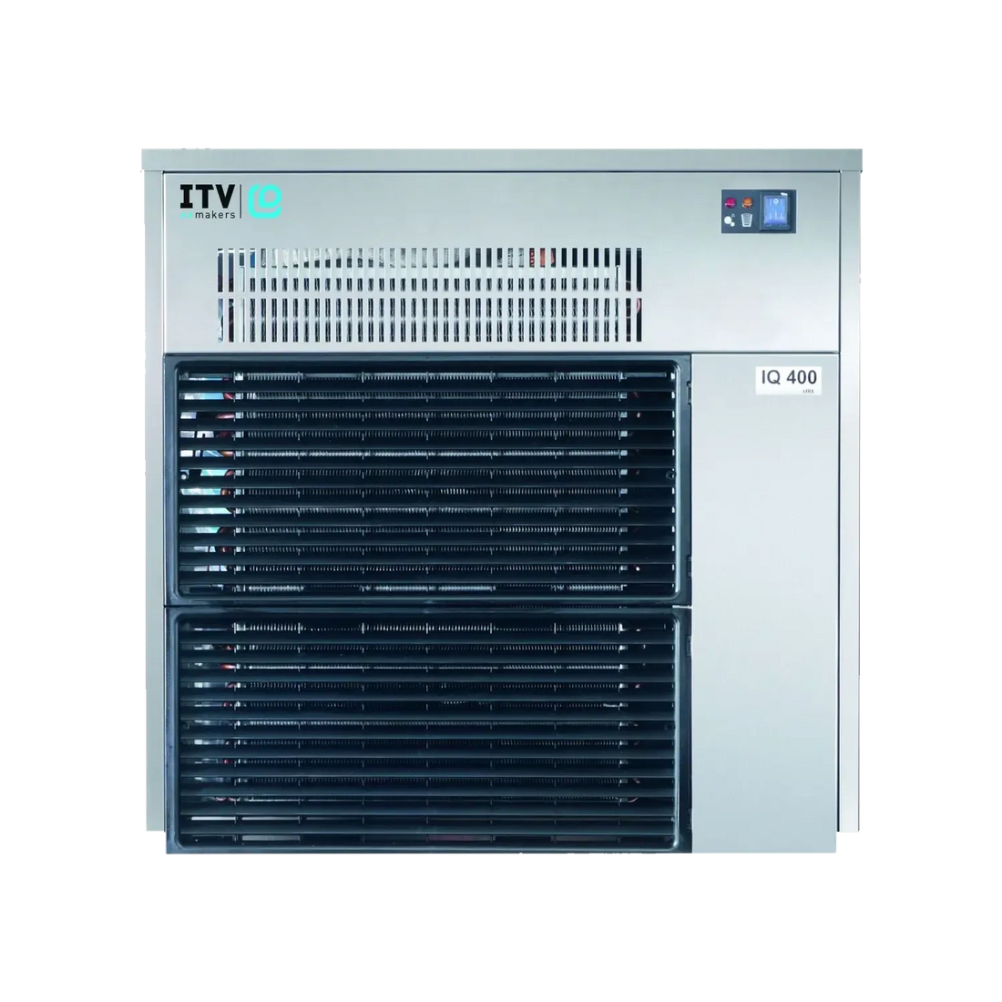 ITV iB IQ 400 liquid cooling tower in silver and black, featuring a digital display screen, front ventilation grates, and a side-mounted pump motor housing, shown against a plain white background.