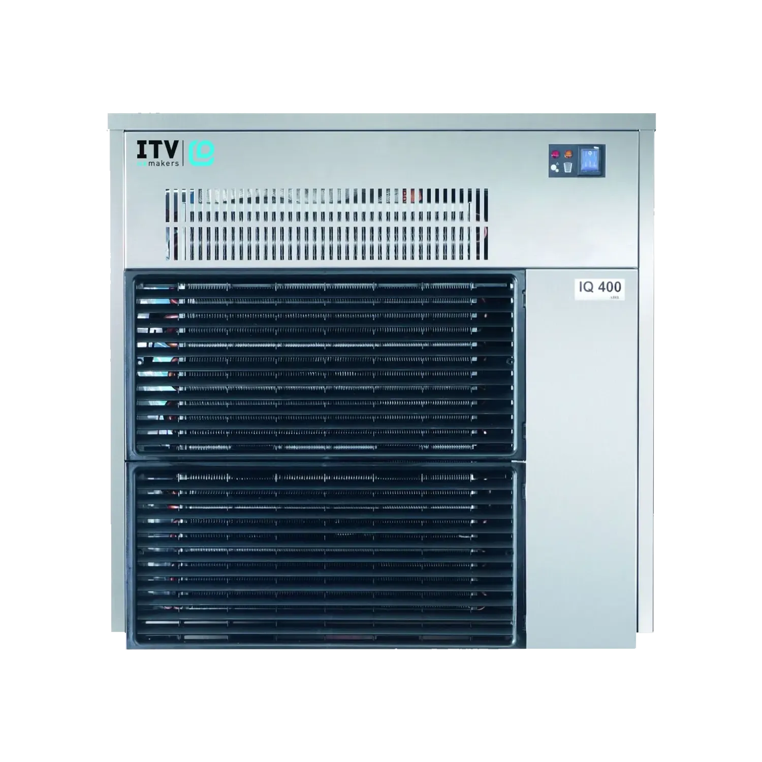 ITV iB IQ 400 liquid cooling tower in silver and black, featuring a digital display screen, front ventilation grates, and a side-mounted pump motor housing, shown against a plain white background.