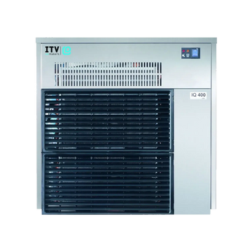 ITV iB IQ 400 liquid cooling tower in silver and black, featuring a digital display screen, front ventilation grates, and a side-mounted pump motor housing, shown against a plain white background.
