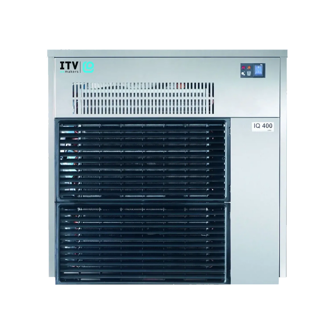 ITV iQ ID 550 industrial chiller unit with a silver metal casing, black front grilles, and a small digital display screen on the upper right.
