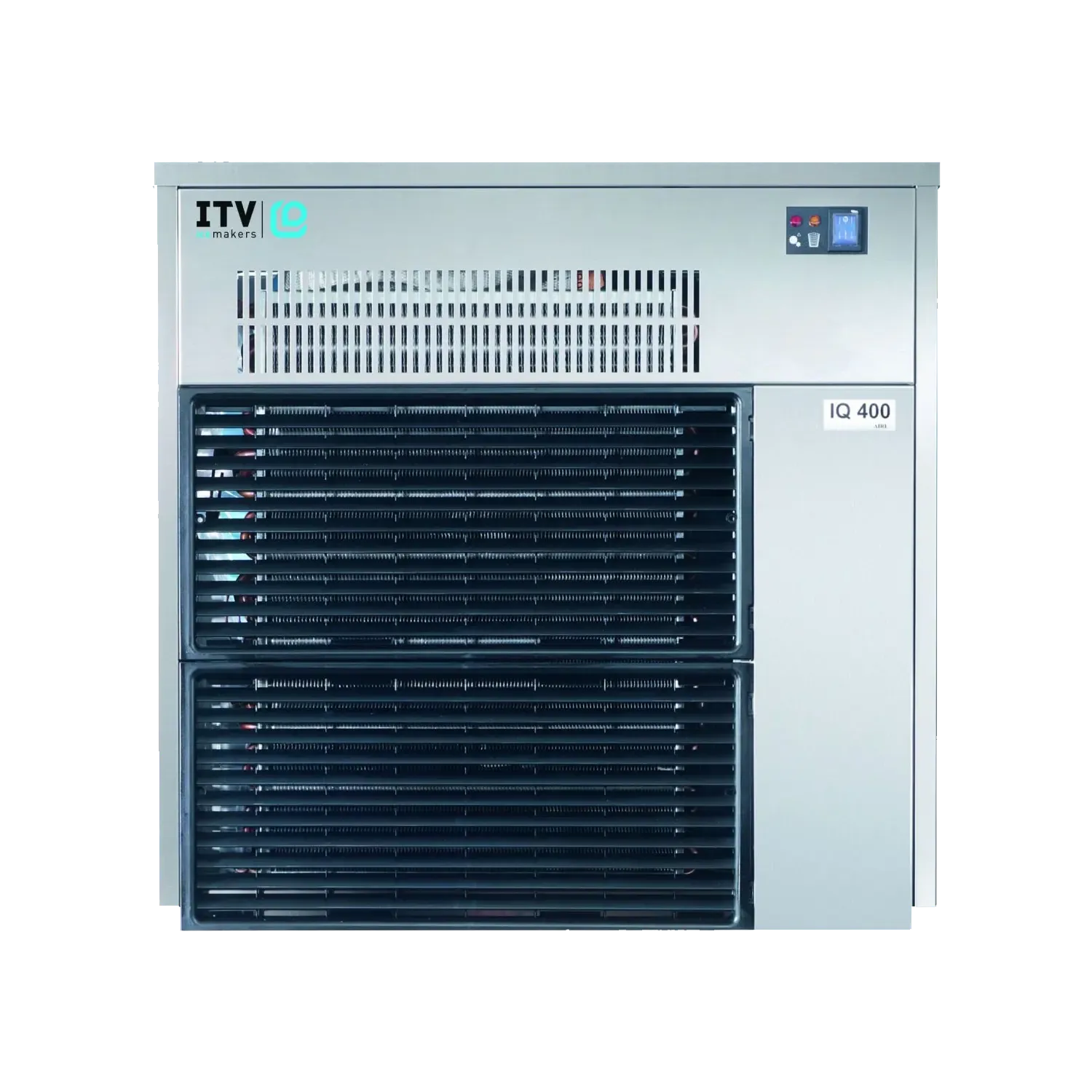 ITV iQ ID 550 industrial chiller unit with a silver metal casing, black front grilles, and a small digital display screen on the upper right.