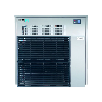 ITV iQ ID 550 industrial chiller unit with a silver metal casing, black front grilles, and a small digital display screen on the upper right.