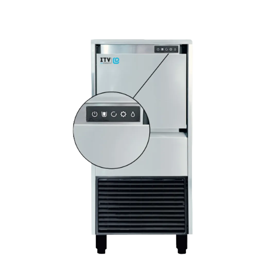 ITV IQN 200C undercounter nugget ice machine with an enlarged view of its front LED control panel.