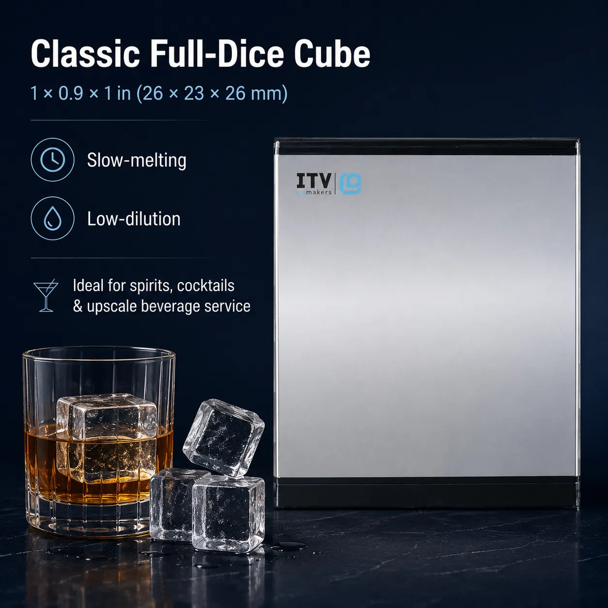 A stainless steel full-dice cube ice maker shown on a dark studio background, with a glass of amber drink and ice cubes in the foreground. Text on the left reads 'Classic Full-Dice Cube' with dimensions and feature callouts like slow-melting and low-dilution.