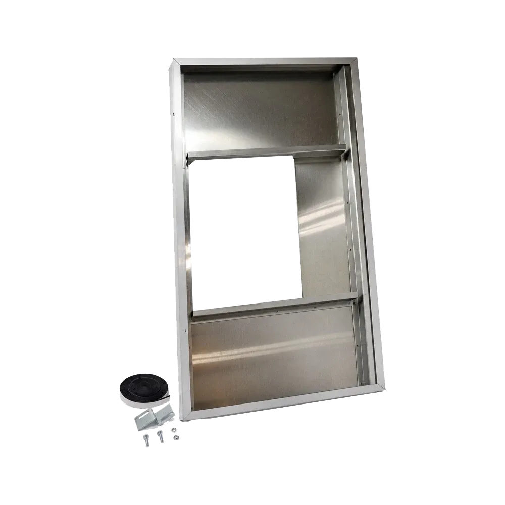A stainless steel ventilation or exhaust grille with a rectangular cutout, shown on a white background with mounting hardware and a black rubber seal.