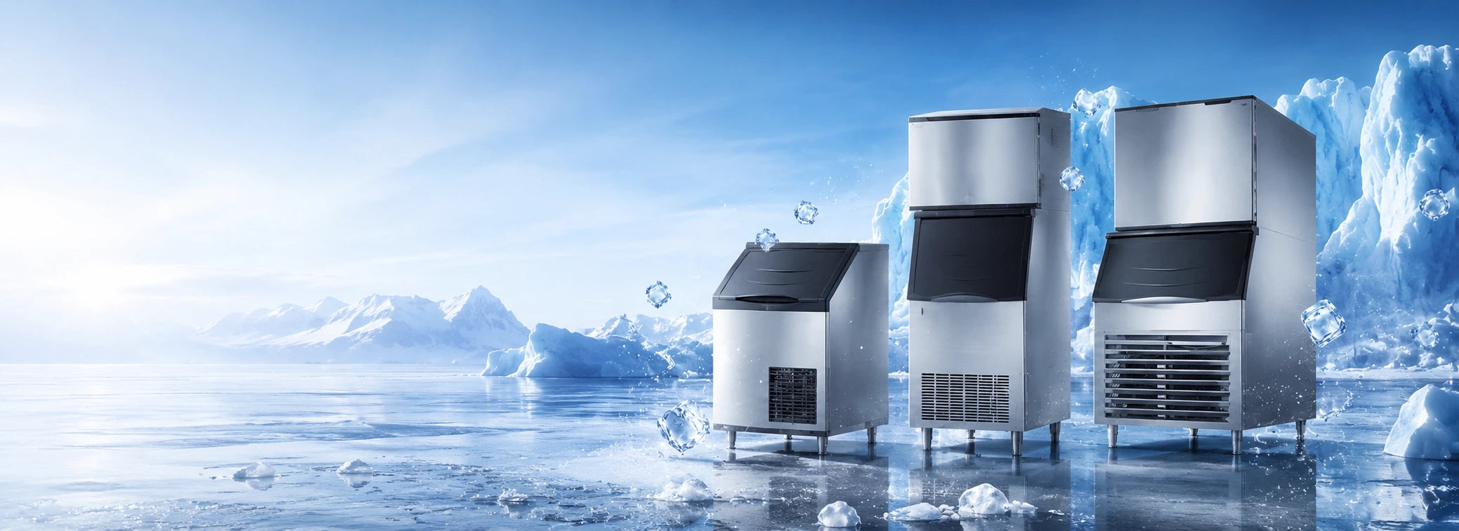 Ice machine with ice crystal effects against a mountain and sky backgroundslider_item_yatTqR