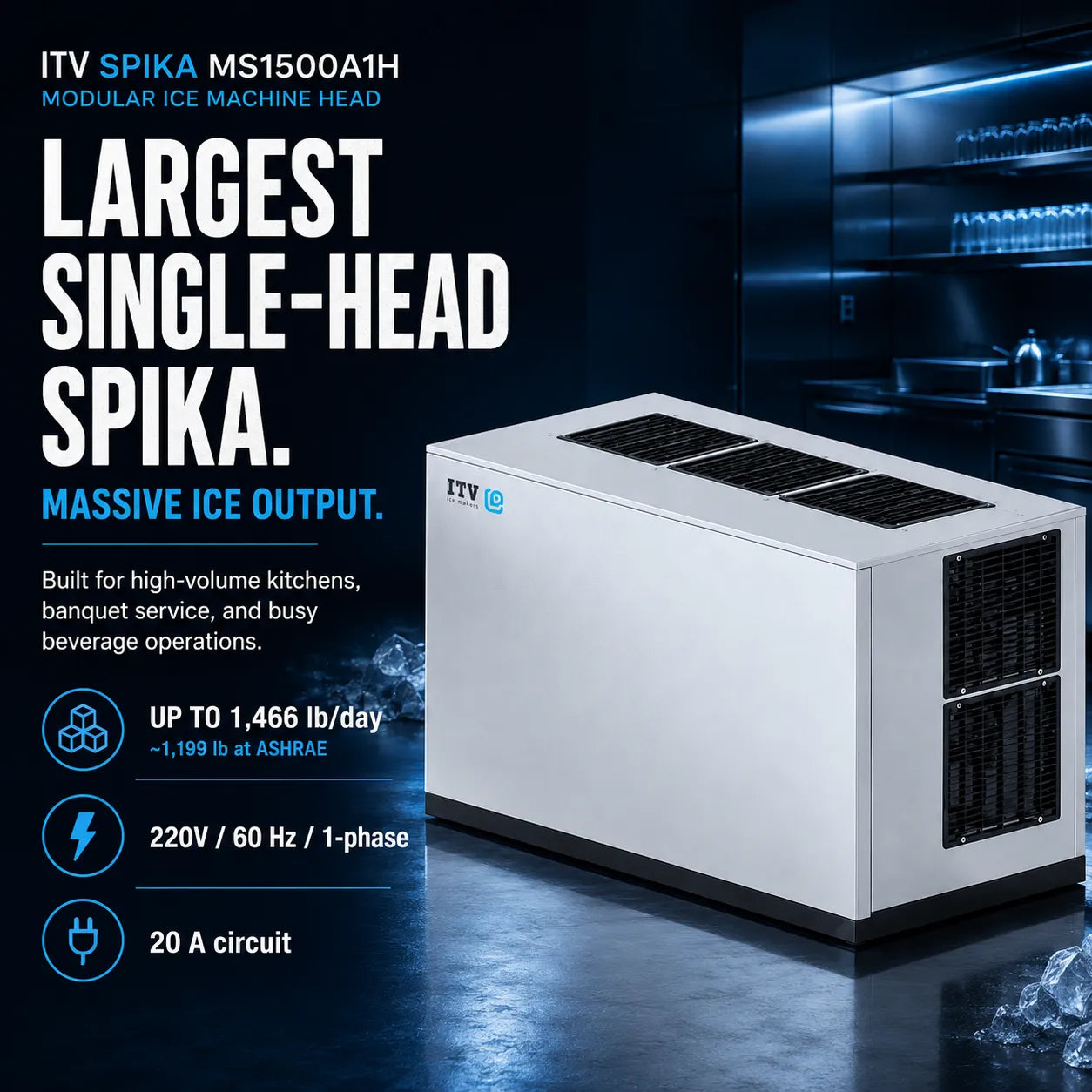 ITV Spika MS1500A1H modular ice machine head in a dark kitchen-like environment, shown as a large white and black single-head ice machine with text highlighting massive ice output and technical specs.