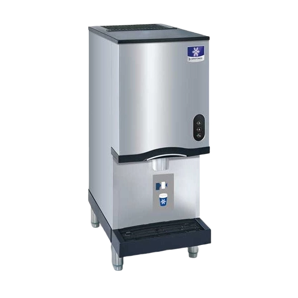 A commercial countertop water dispenser with a brushed stainless steel body, black top and drip tray, and a small blue-and-white logo badge on the upper right front.