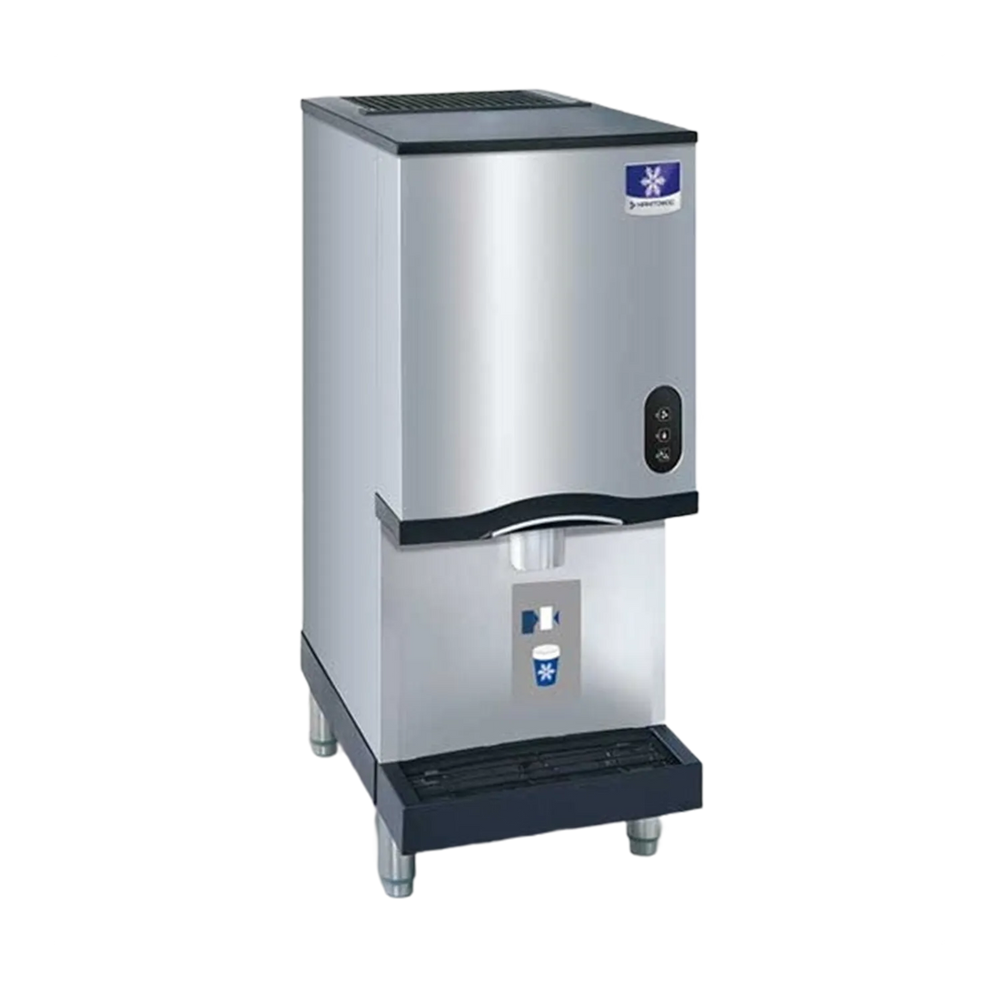 A commercial stainless steel ice machine with a brushed silver body, black top and drip tray, and a small blue-and-white logo badge on the upper right front.