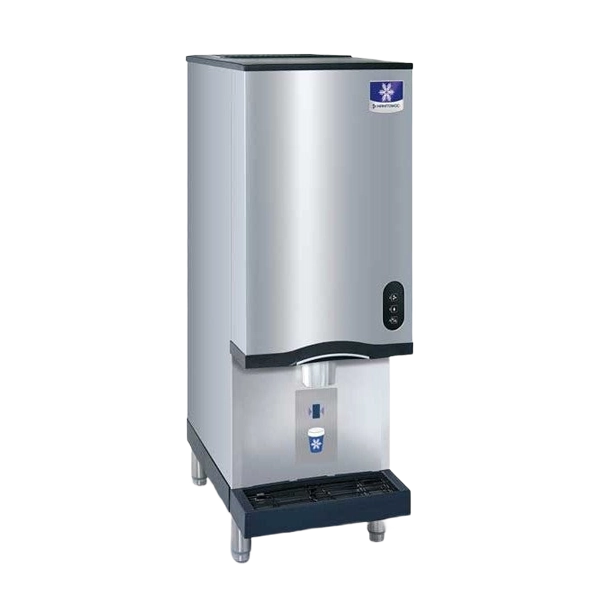 A commercial stainless steel hot and cold water dispenser with a black drip tray and feet, featuring a blue and white logo on the upper right and a small blue logo on the dispenser button area.