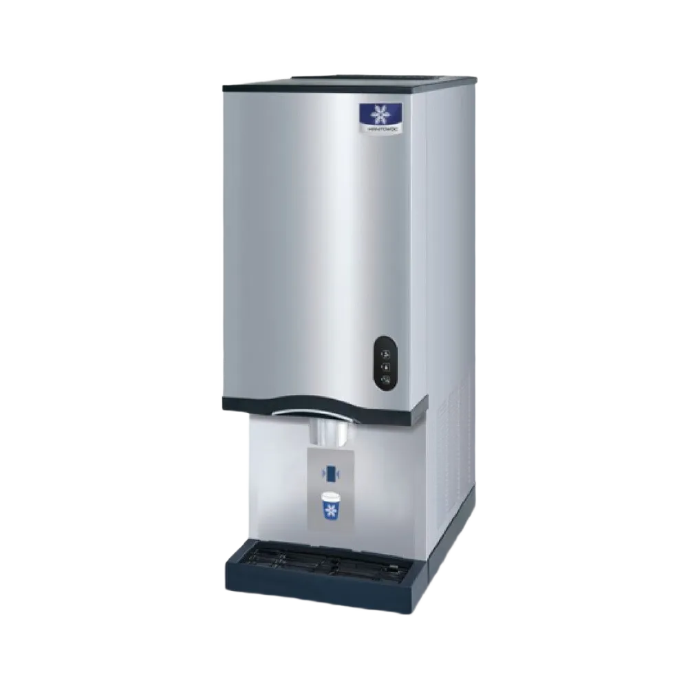 A stainless steel commercial ice machine with a dark gray base and top, featuring a blue and white logo badge on the upper front.