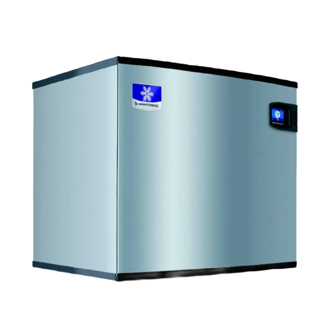 A stainless steel portable ice maker machine with a blue and white logo on the front and a small digital display on the upper right, isolated on a white background.