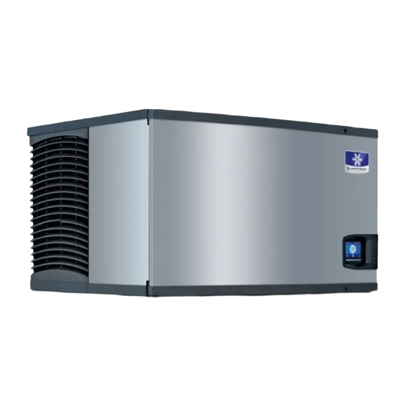 A stainless steel commercial ice machine with a black vented side panel and a small blue digital display on the front, shown on a plain white background.