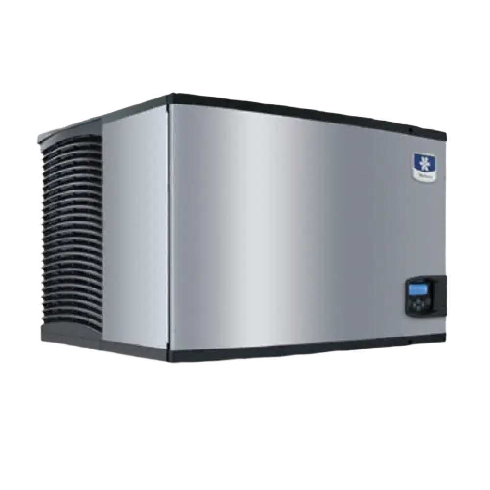 A stainless steel commercial ice machine with a black vented side panel and a small digital control display on the front right, shown on a plain white background.