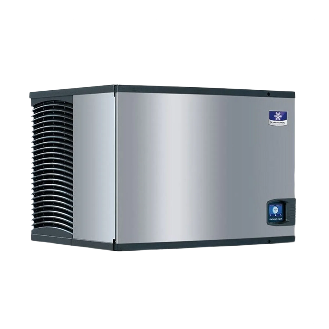 A stainless steel ice machine with a black vented side panel, a small blue brand badge, and a digital display on the front right, shown on a plain white background.
