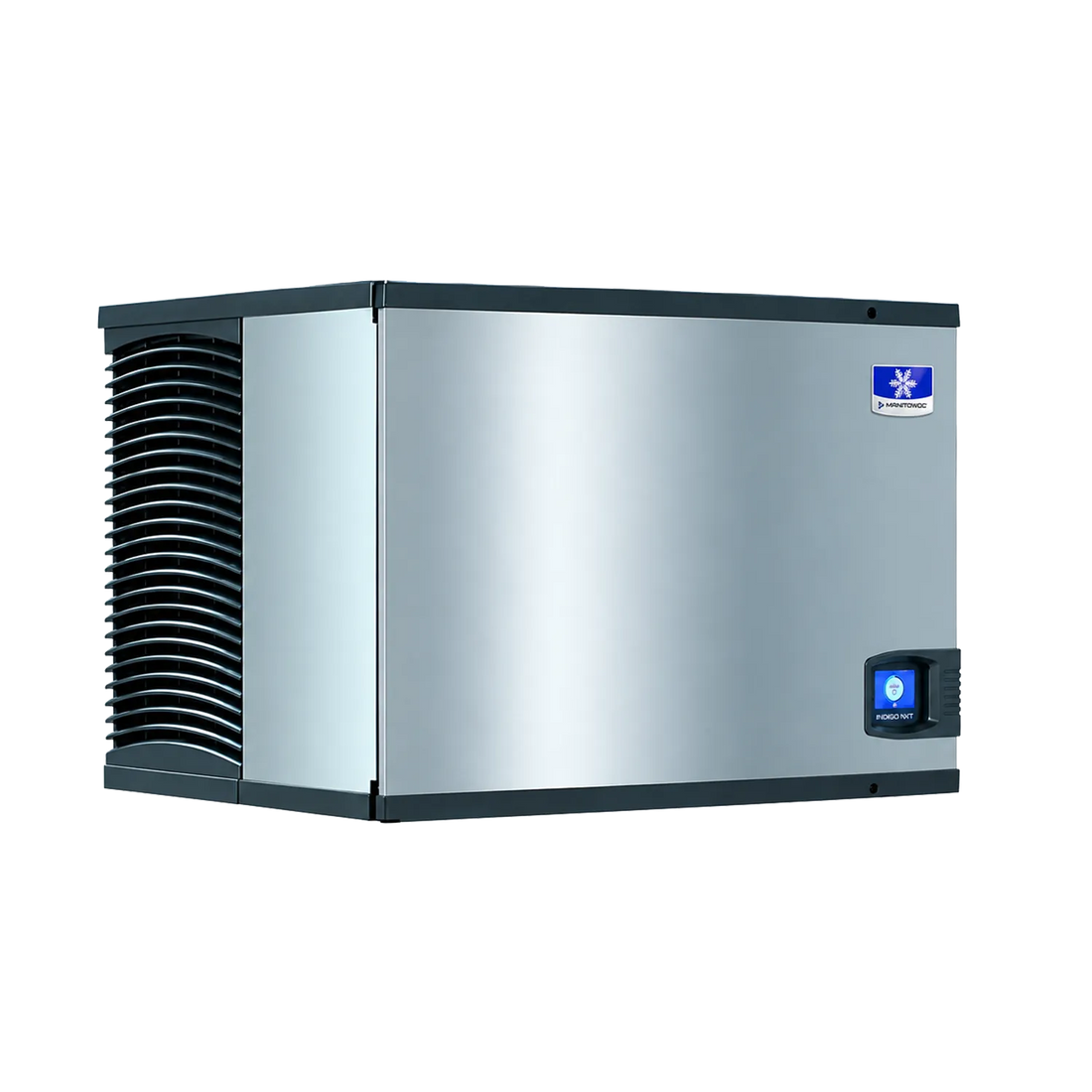 A stainless steel ice machine with a black vented side panel, a small blue digital display, and a blue and white logo badge on the upper right front, shown on a plain white background.