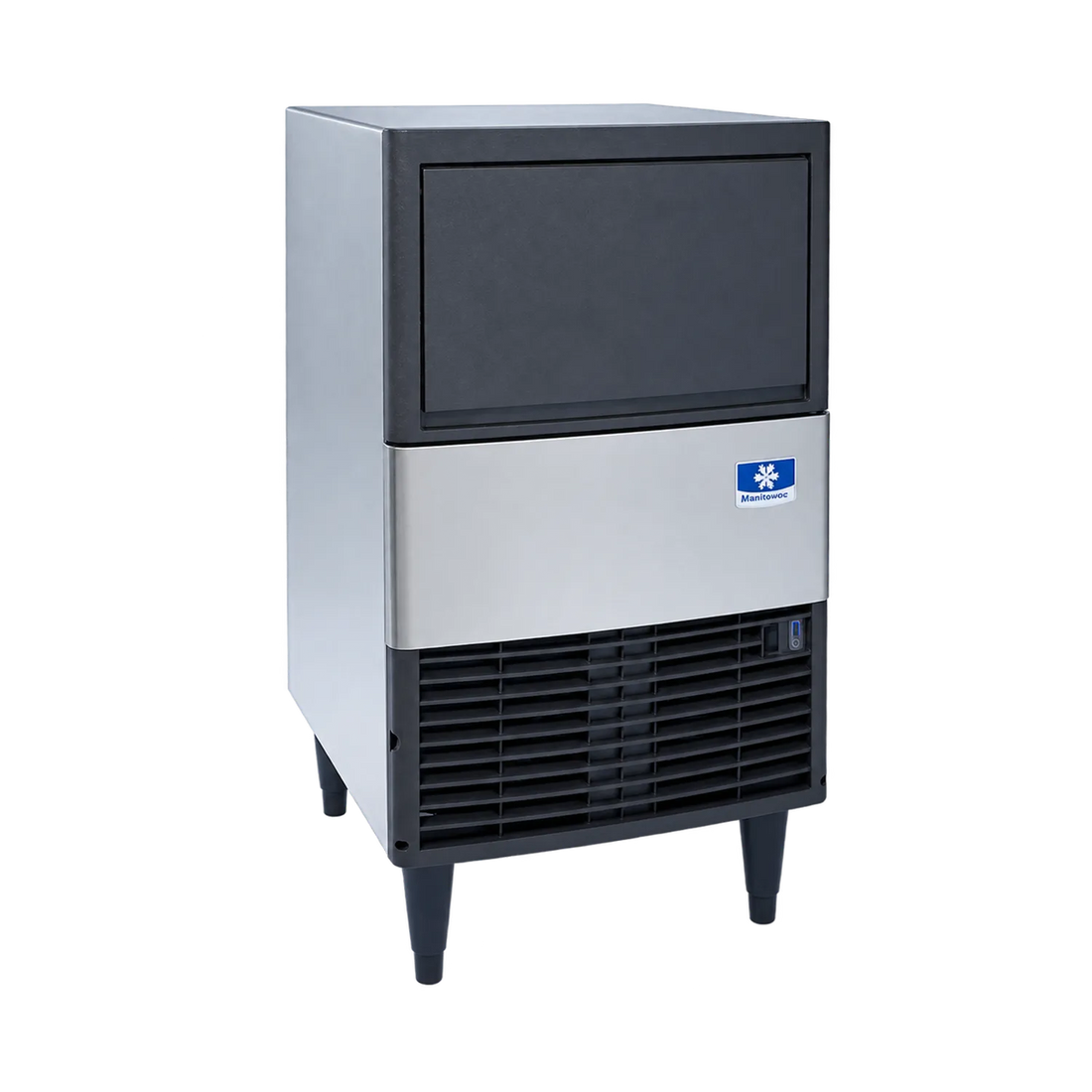 A commercial ice machine with a stainless steel front panel, black upper door, black lower vented section, and black legs, photographed on a plain white background.