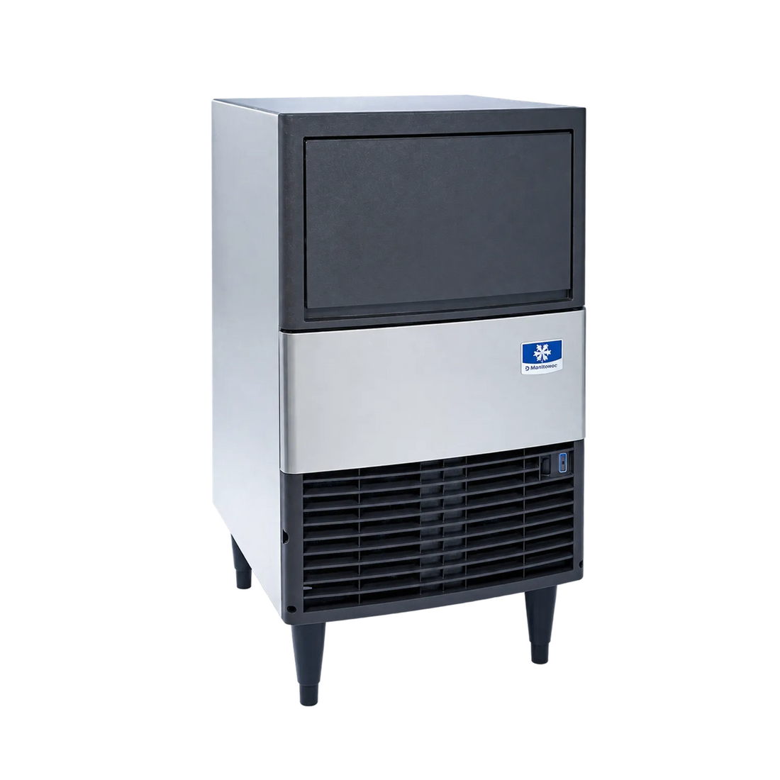 A commercial ice machine with a stainless steel body, black top and lower grille sections, and black legs, featuring a blue and white Emerson logo on the front.
