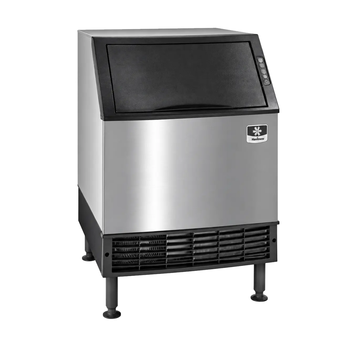 A commercial ice machine with a brushed stainless steel body, black top lid, black base grille, and black legs, shown on a plain white background.