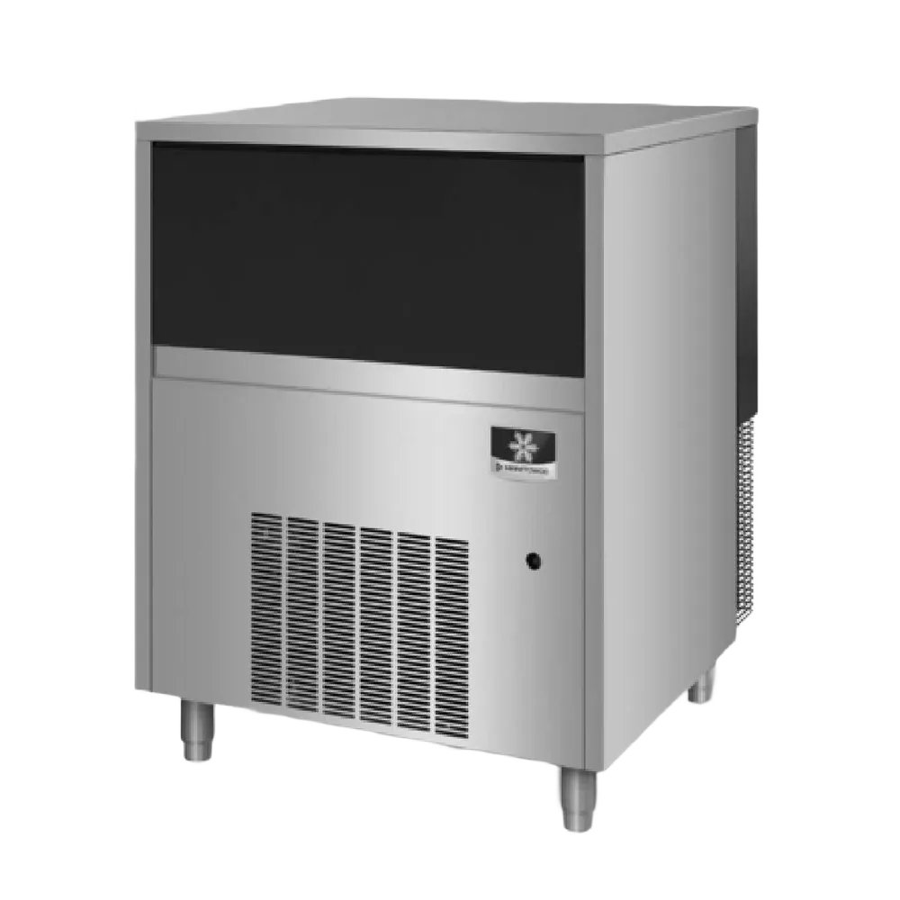 A stainless steel commercial ice machine with a black front panel, vented lower section, and visible brand badge, isolated on a white background.