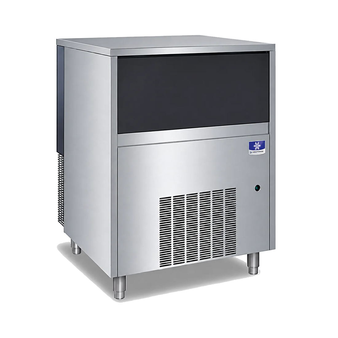 A stainless steel commercial ice machine with a black front panel, ventilation grilles on the lower front, and metal legs, shown on a plain white background.