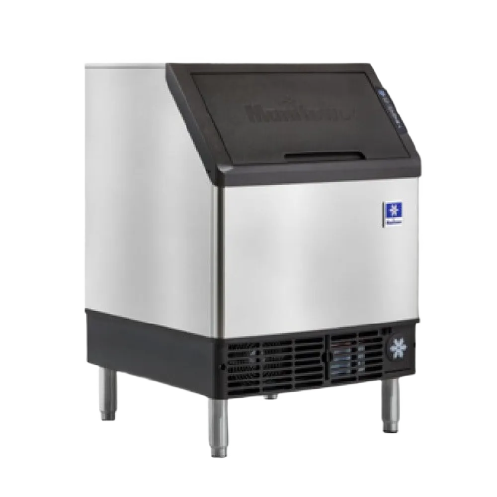 A commercial countertop ice machine with a brushed stainless steel body and black top lid and base trim, shown on a plain white background.