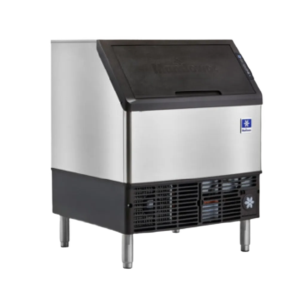 A commercial ice machine with a stainless steel body, black top lid, and black lower base, standing on metal legs against a plain white background.