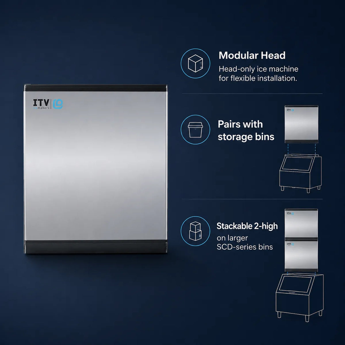 ITV iG modular head ice machine shown on a dark blue background with feature callouts: modular head-only installation, pairing with storage bins, and stacking up to 2-high on larger bins.