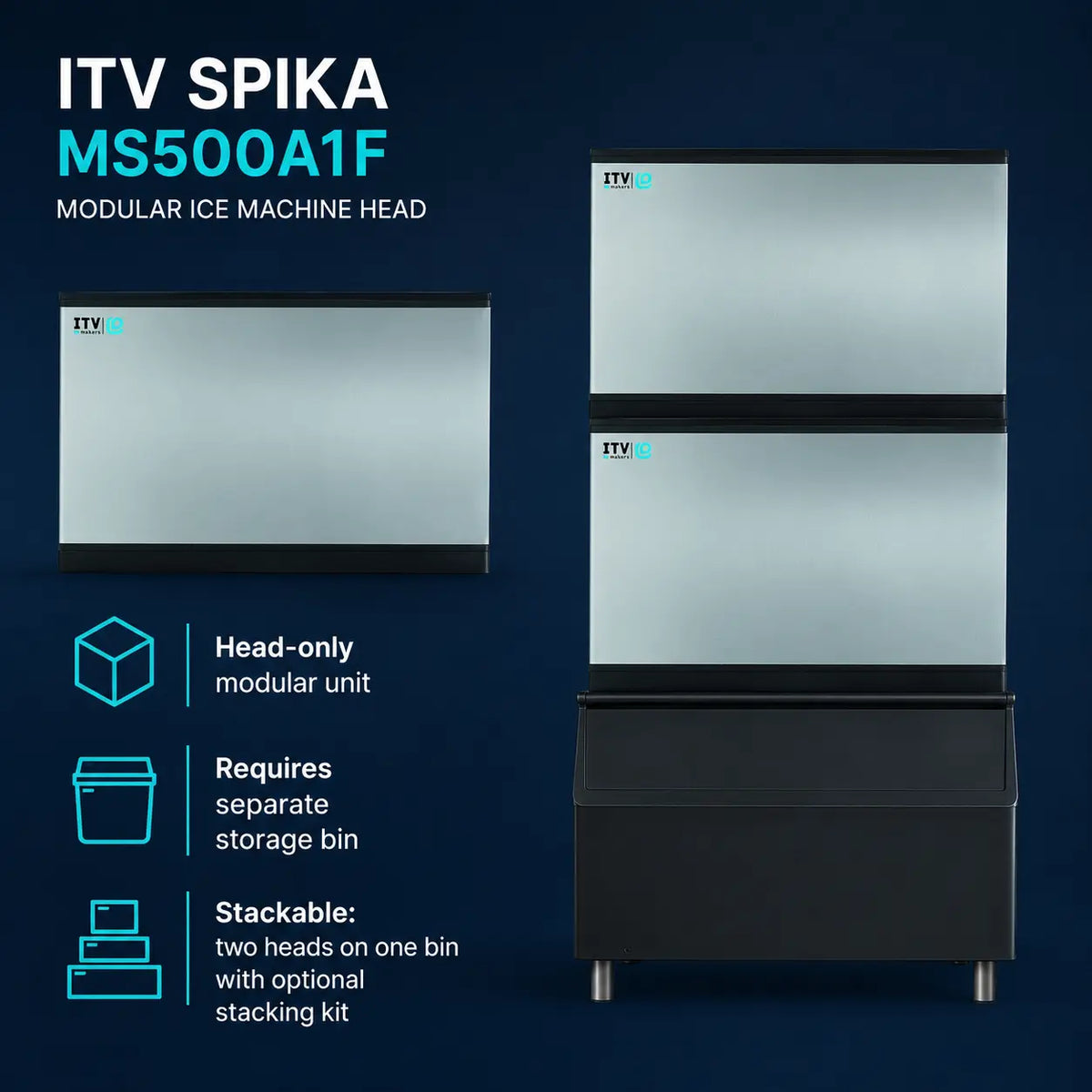 ITV SPIKA MS500A1F modular ice machine head shown on a dark blue background with product text and feature icons. The image includes a head-only modular unit and a stacked two-head configuration on a black base.