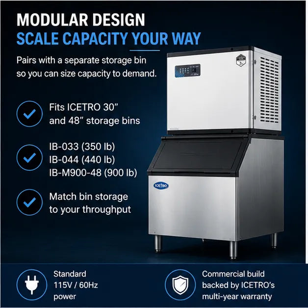 A stainless steel modular ice machine with a black front bin, shown on a dark blue promotional background with text highlighting scale capacity, bin compatibility, and commercial build features.