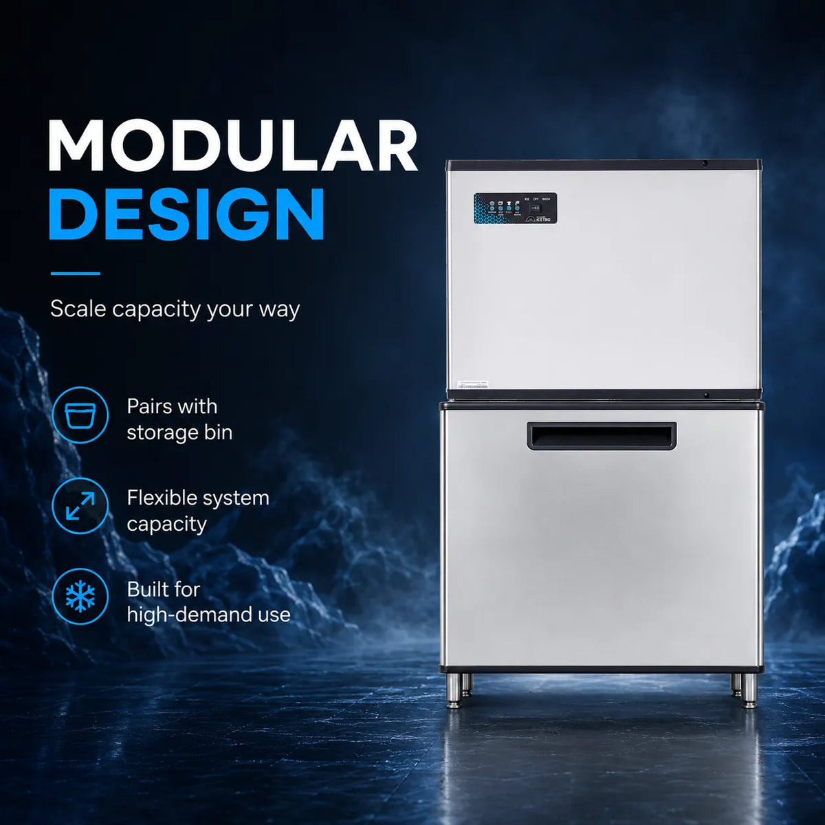 A stainless steel modular refrigerator or freezer shown on a dark blue promotional background with text reading 'MODULAR DESIGN' and feature callouts about storage bin compatibility, flexible system capacity, and high-demand use.