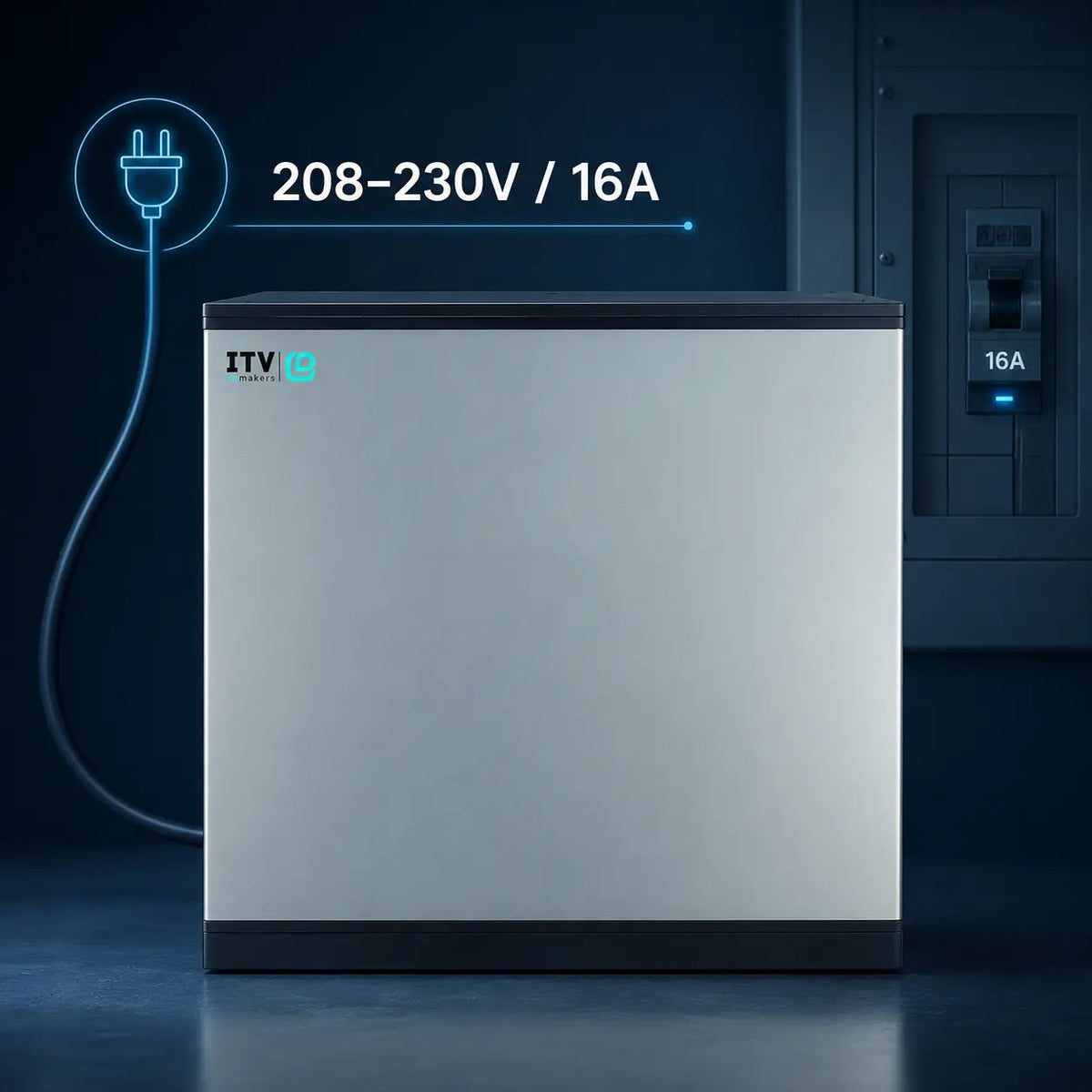 A silver and black ITV marine power inverter shown against a dark blue technical background, with a power cord plug graphic and text indicating 208-230V / 16A output.