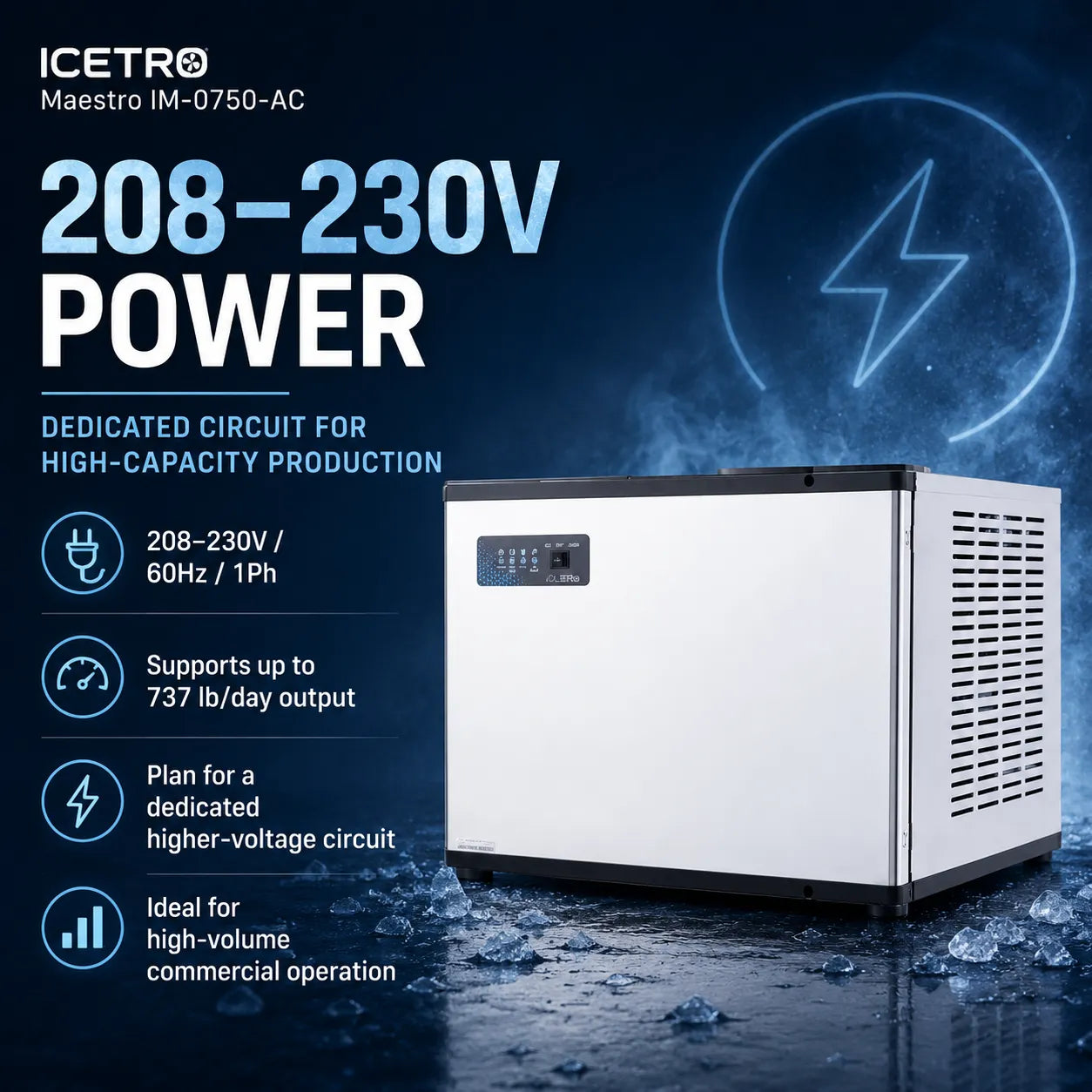ICETRO Maestro IM-0750-AC dedicated circuit water chiller shown on a dark blue promotional background with text highlighting 208-230V power, high-capacity production use, and feature callouts.