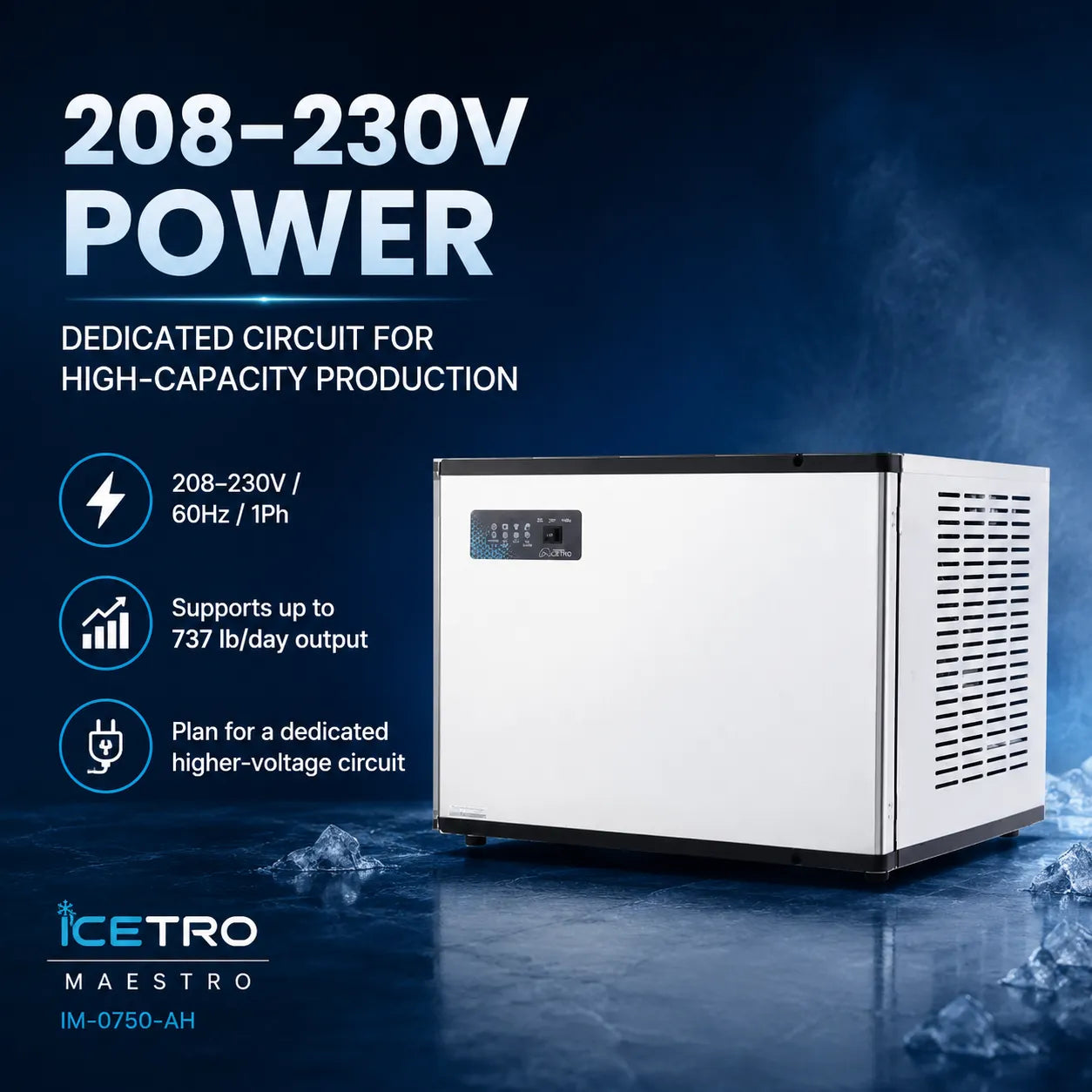 An industrial ice maker unit by ICETRO MAESTRO, model IM-0750-AH, shown on a dark blue promotional background with text highlighting 208-230V power and product features.