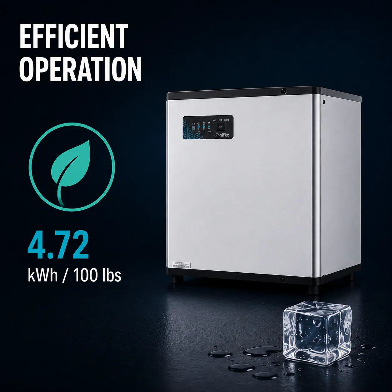 A stainless steel and black countertop appliance shown on a dark studio background with promotional text reading 'EFFICIENT OPERATION' and '4.72 kWh / 100 lbs' alongside a teal leaf icon.