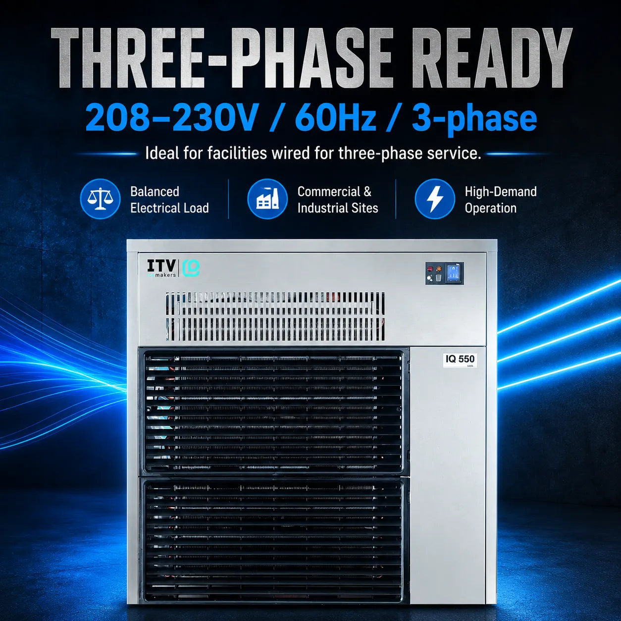 ITV ID 650 three-phase ready industrial air conditioner in a silver cabinet with black front grilles, set against a dark blue background with glowing blue light streaks and promotional text.