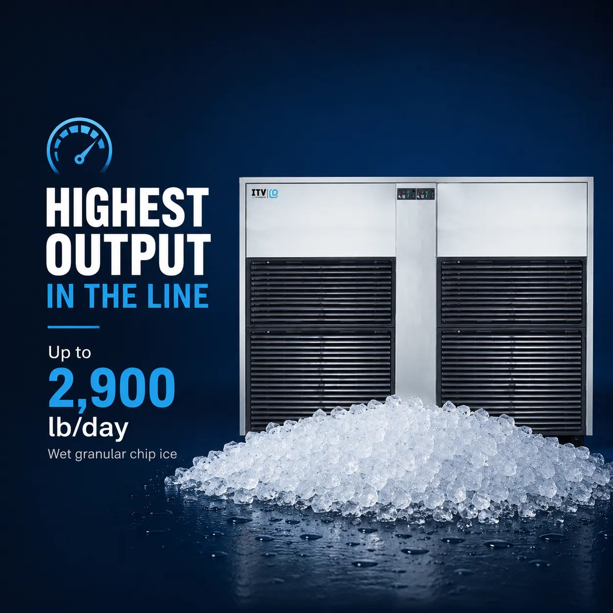 A commercial ice machine on a dark blue background with a pile of clear wet granular chip ice in front. Text on the left reads 'HIGHEST OUTPUT IN THE LINE' and 'Up to 2,900 lb/day'.