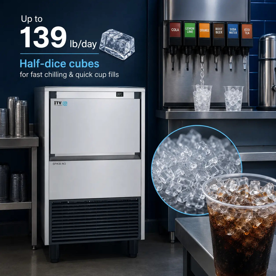 Front view of the ITV SPIKA NG 130 A1H air-cooled half cube undercounter ice machine, rated at 139 lb/day.