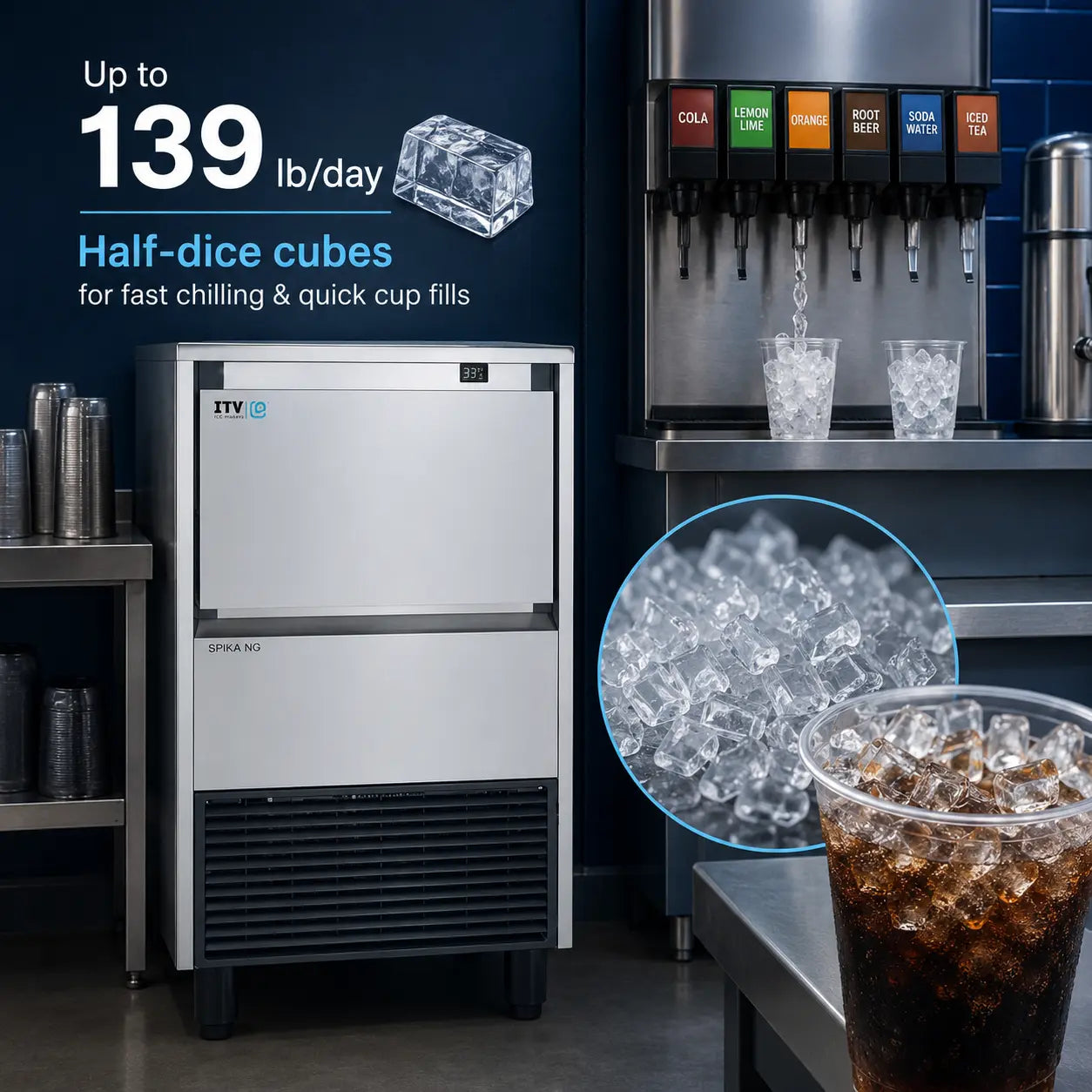 ITV SPIKA NG 130 A1H Undercounter Ice Machine - 139 lb/Day Half Dice Cube with 44 lb Bin, 21 inches Air-Cooled Commercial